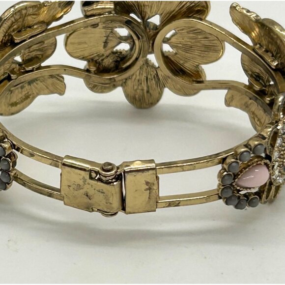 Gold-Tone Hinged Bracelet Vintage Inspired Rhinestones, Faux Pearl Floral Design - Picture 4 of 12